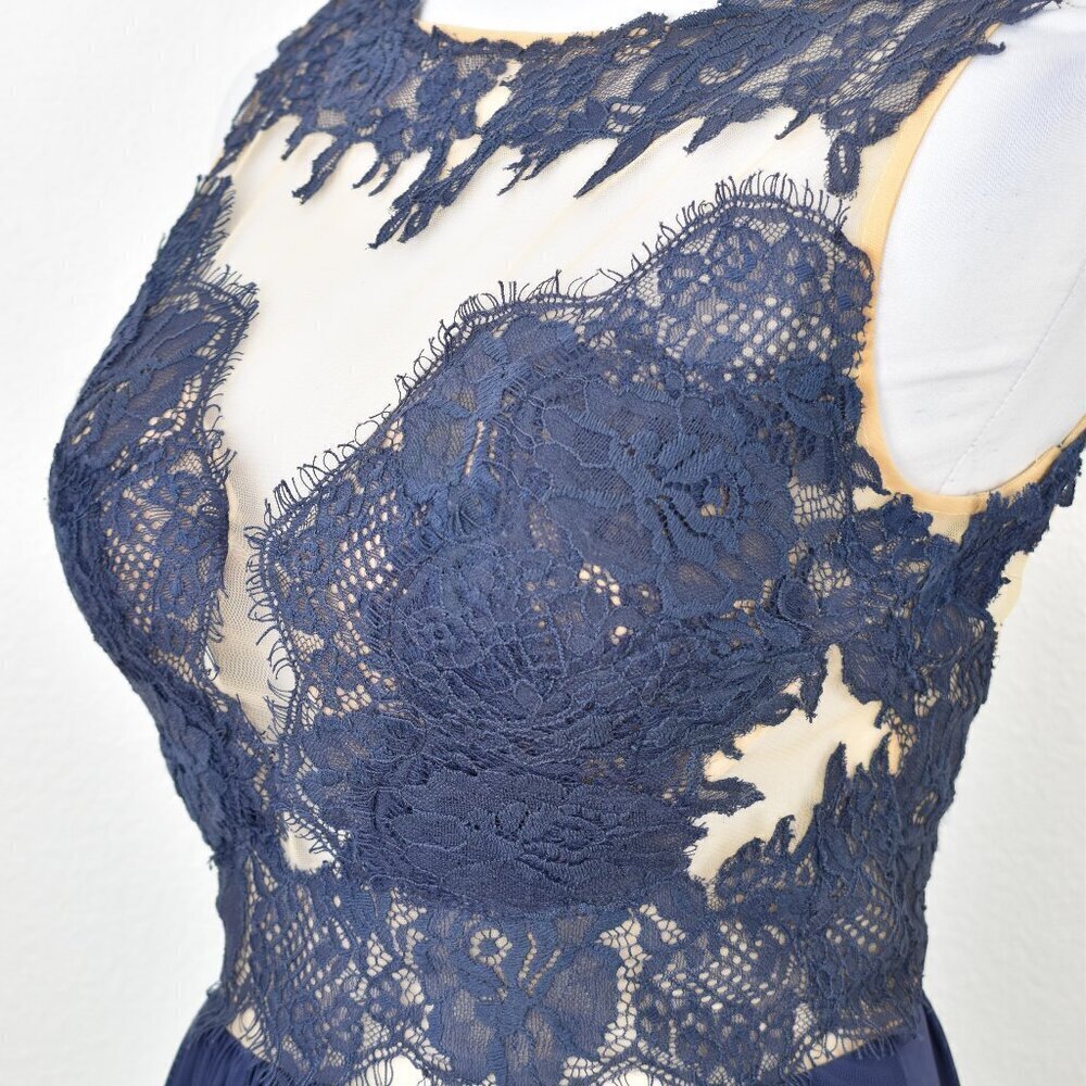 Sherri Hill 5207 Navy Blue Lace Illusion Open Back Gown - 12 - Picture 4 of 14